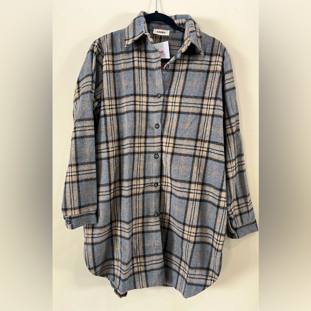 Adora Women's Small Gray Plaid Long Shacket Shirt Jacket Flannel Button Up NEW - Picture 3 of 8